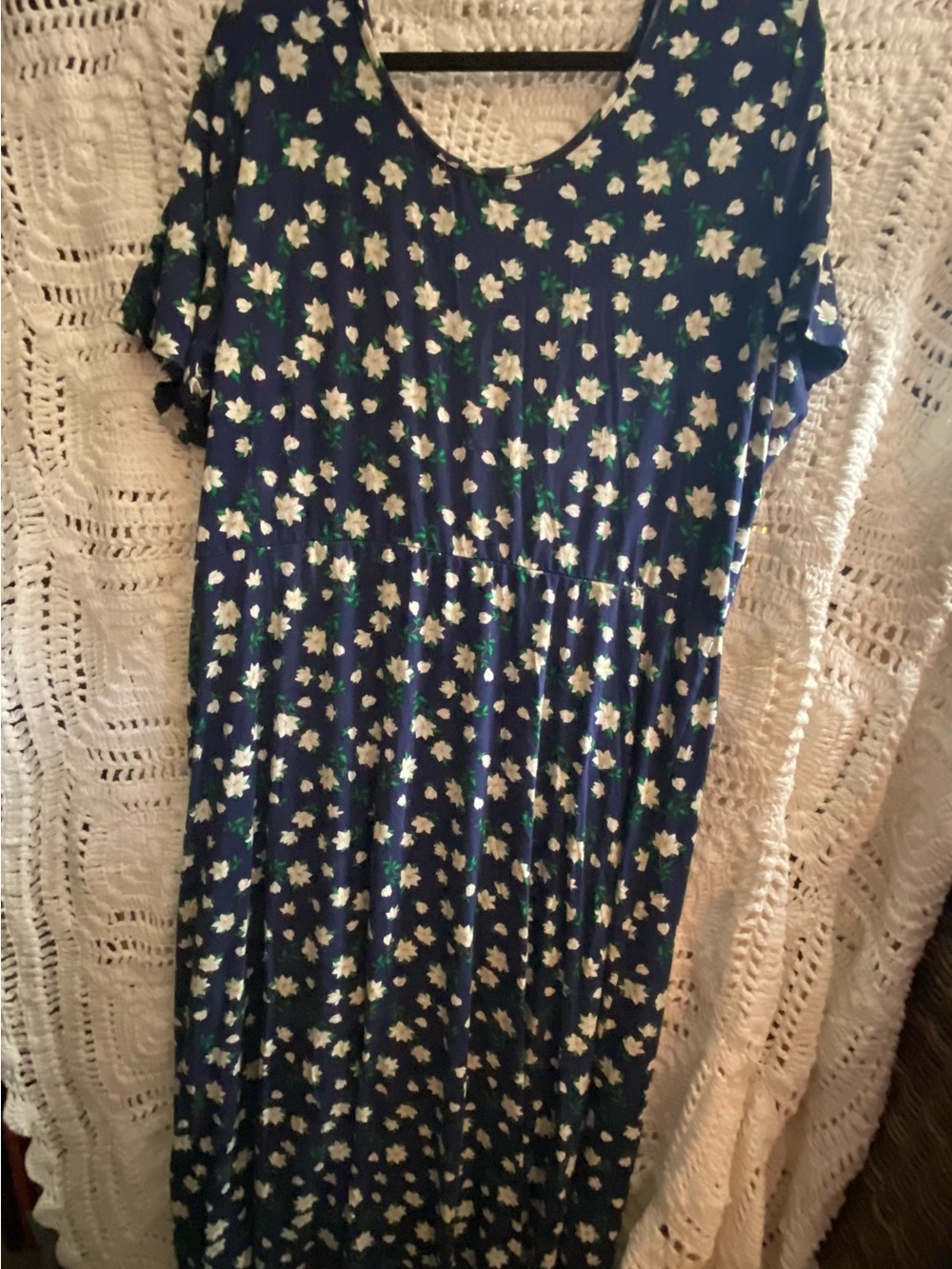 Draper James Navy Midi Dress with White Floral Print and Green Accents